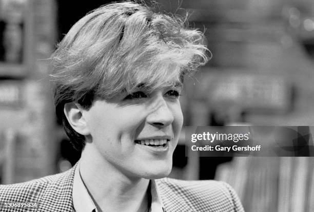 View of English New Wave musician David Sylvian , of the group Japan, during an interview at MTV Studios, New York, New York, April 20, 1982.