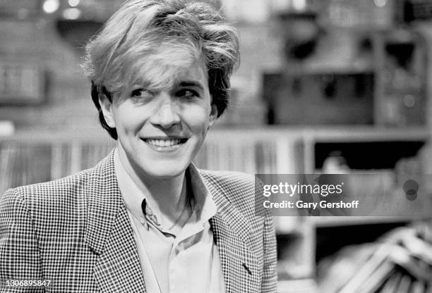 View of English New Wave musician David Sylvian , of the group Japan, during an interview at MTV Studios, New York, New York, April 20, 1982.