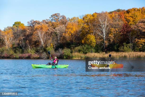 sister & brother kayaking on lake in autumn - family red canoe stock pictures, royalty-free photos & images