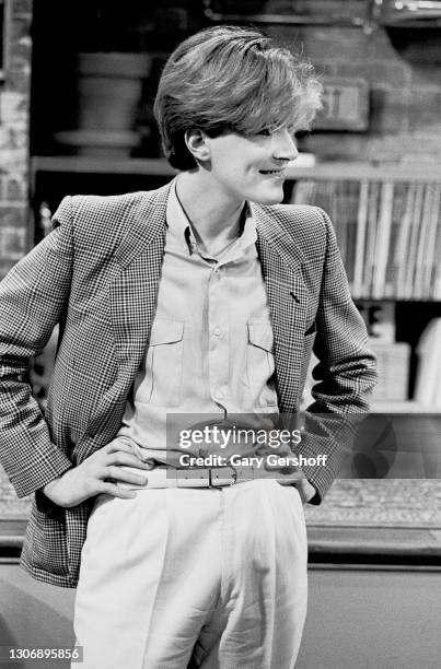 View of English New Wave musician David Sylvian , of the group Japan, hands on his hips, during an interview at MTV Studios, New York, New York,...