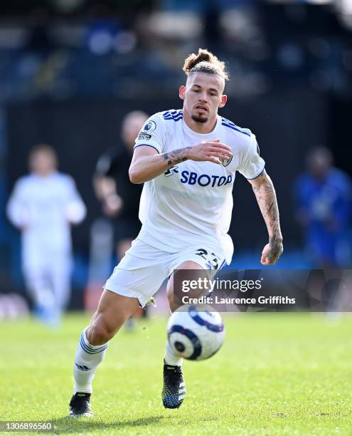 Kalvin Phillips of Leeds United runs with the ball during the Premier League match between Leeds United and Chelsea at Elland Road on March 13, 2021...