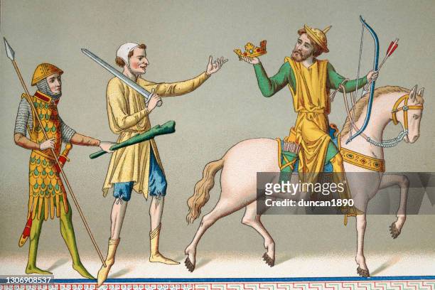 king, mounted knight, soldiers, spear, sword, club, bow and arrow, 9th century - medieval people stock illustrations