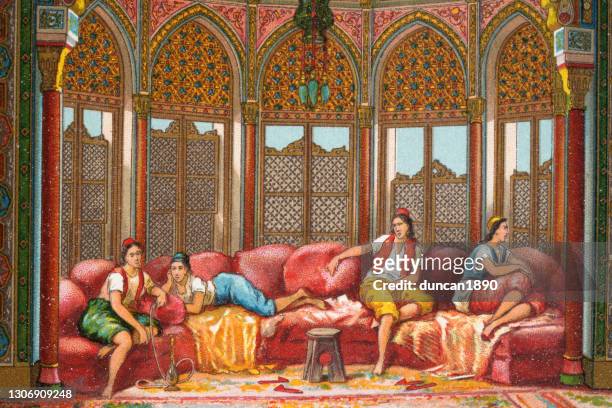 women relaxing into the imperial harem, ottoman, turkish, 19th century - ottoman empire stock illustrations