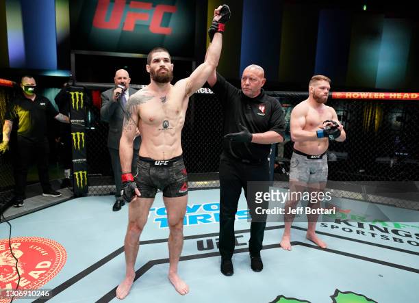 Matthew Semelsberger reacts after his knockout victory over Jason Witt in a welterweight fight during the UFC Fight Night event at UFC APEX on March...