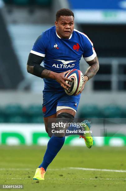 Virimi Vakatawa of France runs with the ball during the Guinness Six Nations match between England and France at Twickenham Stadium on March 13, 2021...