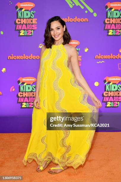 In this image released on March 13, Gal Gadot attends Nickelodeon's Kids' Choice Awards at Barker Hangar on March 13, 2021 in Santa Monica,...