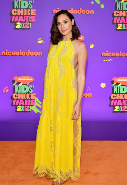 In this image released on March 13, Gal Gadot attends Nickelodeon's Kids' Choice Awards at Barker Hangar on March 13, 2021 in Santa Monica,...