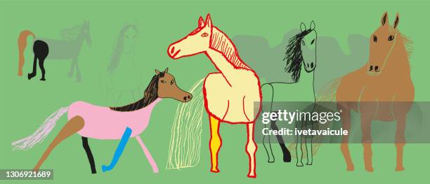 friendly bunch of horses - pony stock illustrations