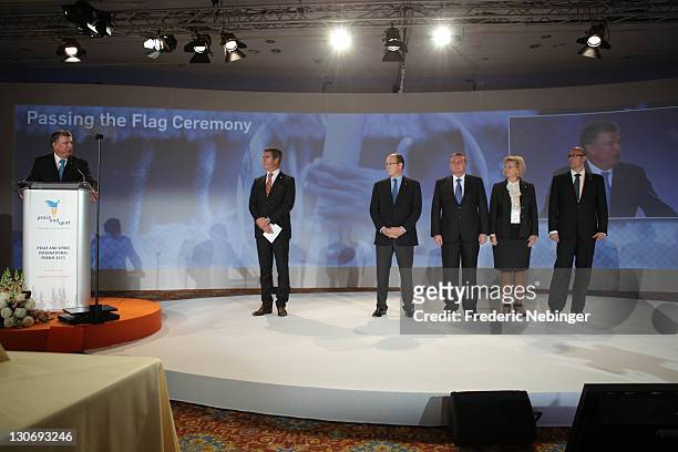 Joel Bouzou, HRH Prince Albert II of Monaco, Dimitri Pachomov, Nataliy Parshikova and Dimitry Chernishenko pose for pictures during the flag ceremony...