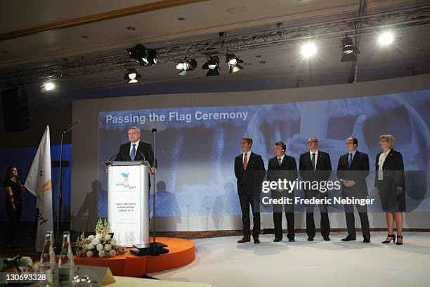 Dimitri Pachomov, Joel Bouzou, Dimitry Chernishenko, HRH Prince Albert II of Monaco and Nataliy Parshikova pose for pictures during the flag ceremony...