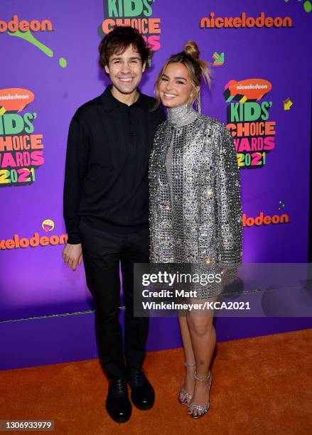 In this image released on March 13, David Dobrik and Addison Rae attend Nickelodeon's Kids' Choice Awards at Barker Hangar on March 13, 2021 in Santa...