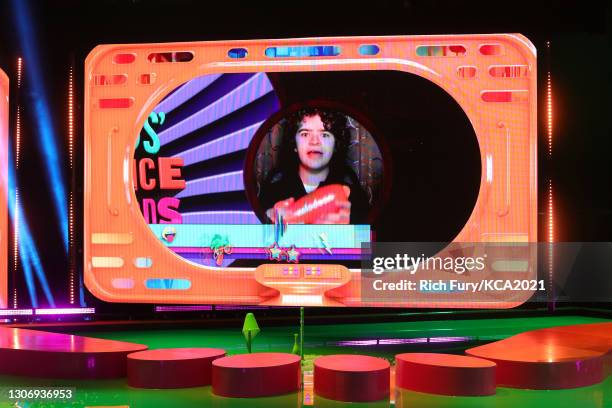 In this image released on March 13, Gaten Matarazzo, winner of Favorite Family TV Show for 'Stranger Things', is shown on screen during Nickelodeon's...