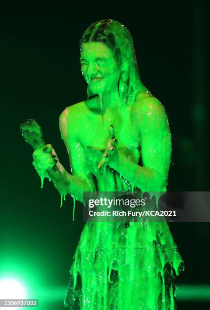 In this image released on March 13, Favorite Female Social Star Charli D'Amelio is slimed onstage during Nickelodeon's Kids' Choice Awards at Barker...