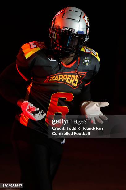 Josh Gordon of the Zapperscelebrates during player introductions before a Fan Controlled Football game against the Wild Aces at Infinite Energy Arena...