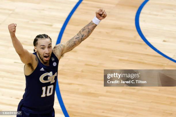 Jose Alvarado of the Georgia Tech Yellow Jackets celebrates after defeating the against the Florida State Seminoles in the ACC Men's Basketball...