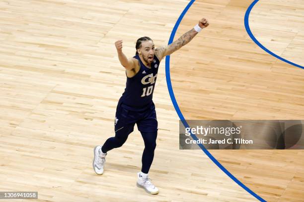 Jose Alvarado of the Georgia Tech Yellow Jackets celebrates after defeating the against the Florida State Seminoles in the ACC Men's Basketball...