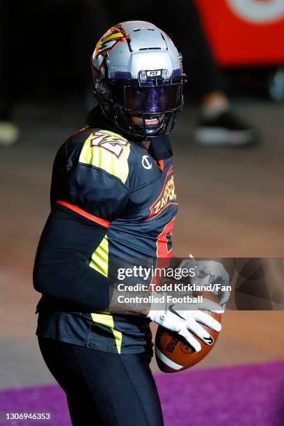 Josh Gordon of the Zappers celebrates a touchdown against the Wild Aces during the second half of a Fan Controlled Football game at Infinite Energy...