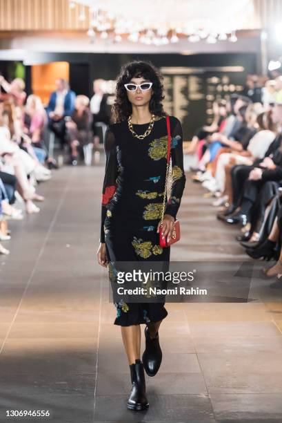 Model showcases designs by Ganni during the Gala Runway at Melbourne Fashion Festival at National Gallery of Victoria on March 11, 2021 in Melbourne,...