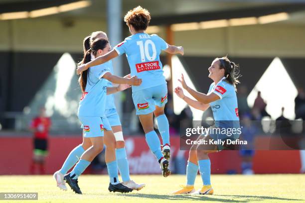 Chinatsu Kira of Melbourne City celebrates her goal during the round 12 W-League match between Melbourne City and the Newcastle Jets at Kingston...