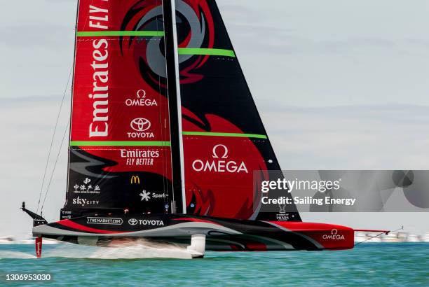 Emirates Team New Zealand warms up before the America's Cup Race 7 gets cancelled between Emirates Team New Zealand and Luna Rossa Prada Pirelli Team...