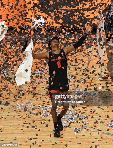 Gianni Hunt of the Oregon State Beavers celebrates the team's 70-68 victory over the Colorado Buffaloes to win the championship game of the Pac-12...