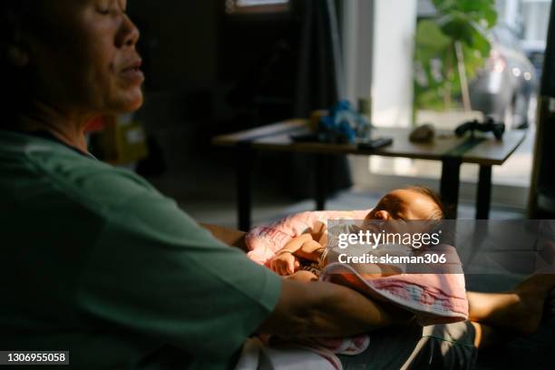 asian grandmother be loving and holding asian baby with contrast lighting at home - glamourous granny stockfoto's en -beelden