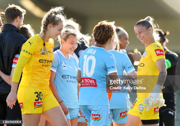 Chinatsu Kira of Melbourne City and Melissa Barbieri of Melbourne City celebrate victory during the round 12 W-League match between Melbourne City...