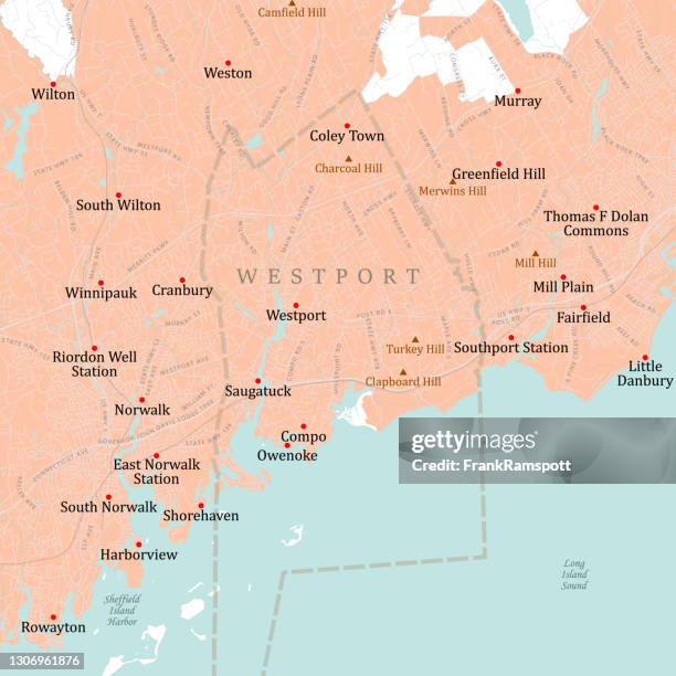 ilustraciones, imágenes clip art, dibujos animados e iconos de stock de ct fairfield westport vector road map - long island sound