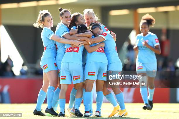 Chinatsu Kira of Melbourne City celebrates her goal with Emma Checker, Tyla-Jay Vlajnic of Melbourne City and team mates during the round 12 W-League...