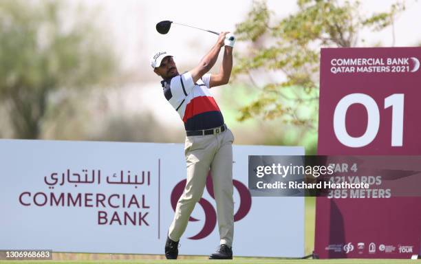 Gaganjeet Bhullar of India plays his tee shot on the 1st hole during Day Four of the Commercial Bank Qatar Masters at Education City Golf Club on...