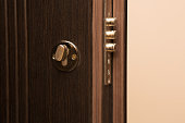 Contemporary metal door with a lock closeup
