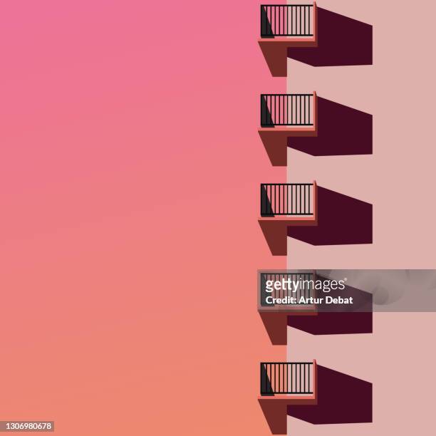 illustration of city building with balconies and sunset gradient sky. - romantic sky stock pictures, royalty-free photos & images