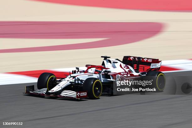 Kimi Raikkonen of Finland driving the Alfa Romeo Racing C41 Ferrari on track during Day Three of F1 Testing at Bahrain International Circuit on March...