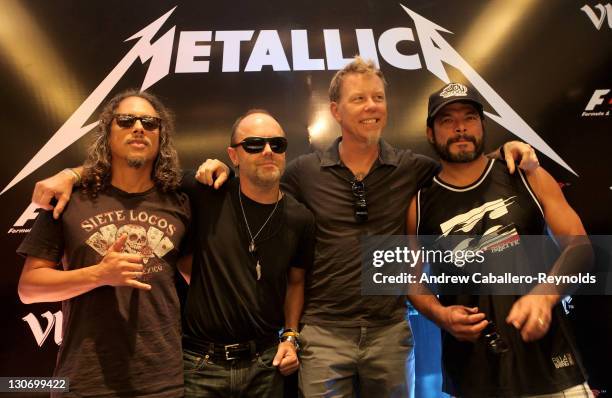 Kirk Hammett , Lars Ulrich , James Hetfield and Robert Trujillo from Metallica at the F1 Rocks India Metallica concert press conference on October...