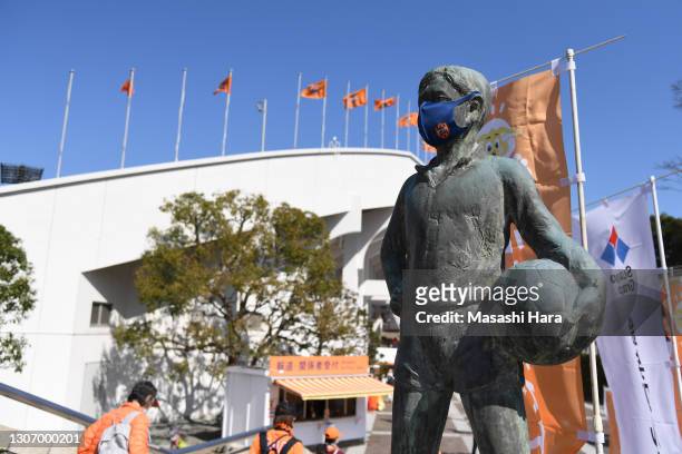 Statue of boy wearing a mask adorned with the Shimizu S-Pulse logo stands prior to the J.League Meiji Yasuda J1 match between Shimizu S-Pulse and...