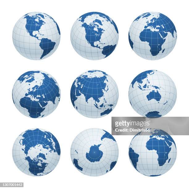 stockillustraties, clipart, cartoons en iconen met de bol van de aarde die van variantmeningen met meridianen en parallellen wordt geplaatst. 3d vectorillustratie - wereldkaart