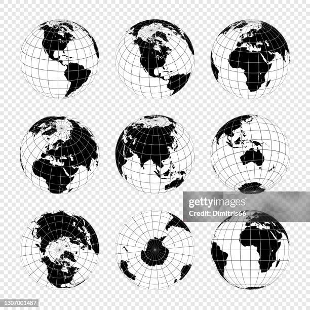 earth globe set from variant views with meridians and parallels. 3d vector illustration - wireframe stock illustrations