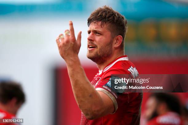 Ed Slater of Gloucester Rugby reacts during the Gallagher Premiership Rugby match between Gloucester and Leicester Tigers at Kingsholm Stadium on...