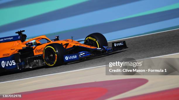 Daniel Ricciardo of Australia driving the McLaren F1 Team MCL35M Mercedes during Day Three of F1 Testing at Bahrain International Circuit on March...