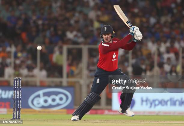 Jason Roy of England plays a cut shot during the 2nd T20 International match between India and England at Narendra Modi Stadium on March 14, 2021 in...