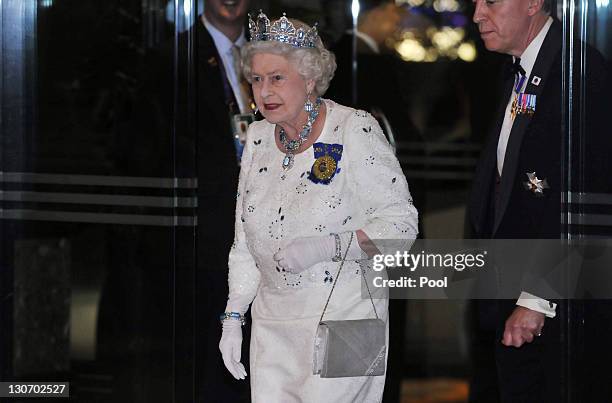 Queen Elizabeth II attends a banquet as part of the Commonwealth Heads of Government Meeting on October 28, 2011 in Perth, Australia. Queen Elizabeth...