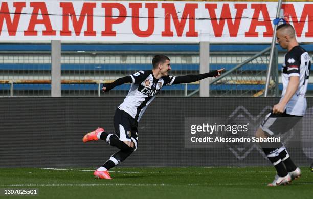 Valentin Mihaila of Parma Calcio 1913 celebrates after scoring their side's first goal during the Serie A match between Parma Calcio and AS Roma at...
