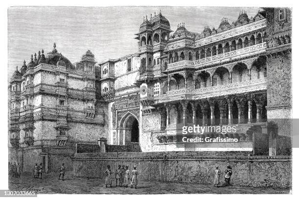 city palace udaipur india illustration 1871 - palace stock illustrations
