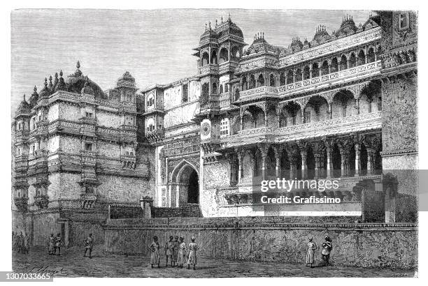 city palace udaipur india illustration 1871 - udaipur palace stock illustrations