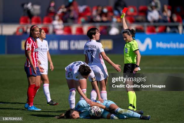 Deyna Castellanos of Atletico de Madrid Women gets red card during the Primera Iberdrola match between Atletico de Madrid Women and Real Madrid Women...