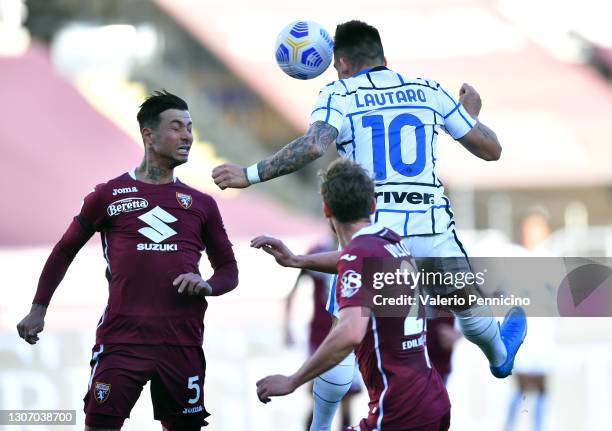 Lautaro Martinez of Internazionale scores their side's second goal during the Serie A match between Torino FC and FC Internazionale at Stadio...