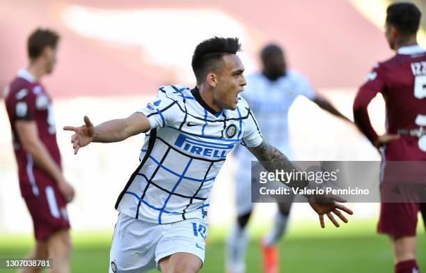 Lautaro Martinez of Internazionale celebrates after scoring their side's second goal during the Serie A match between Torino FC and FC Internazionale...