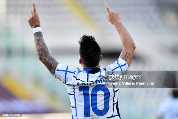 Lautaro Martinez of Internazionale celebrates after scoring their side's second goal during the Serie A match between Torino FC and FC Internazionale...