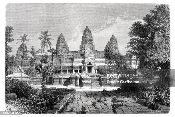 illustrazioni stock, clip art, cartoni animati e icone di tendenza di tempio di angkor wat in cambogia 1871 - cultura cambogiana