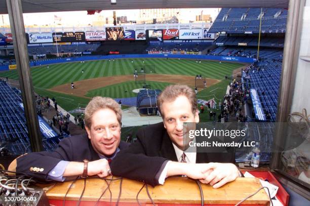 Radio announcers John Sterling, left and Michael Kay, right, at the press box at Yankee Stadium in the Bronx, New York on Oct. 14, 1999.